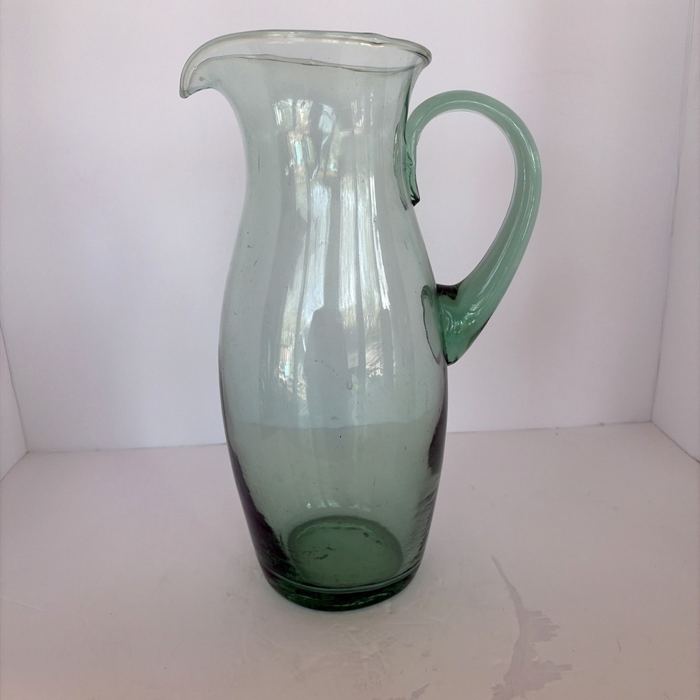 Water Pitcher Carafe with Handle Art Glass‎ Hand Blown Jug Bubbles Green- VTG